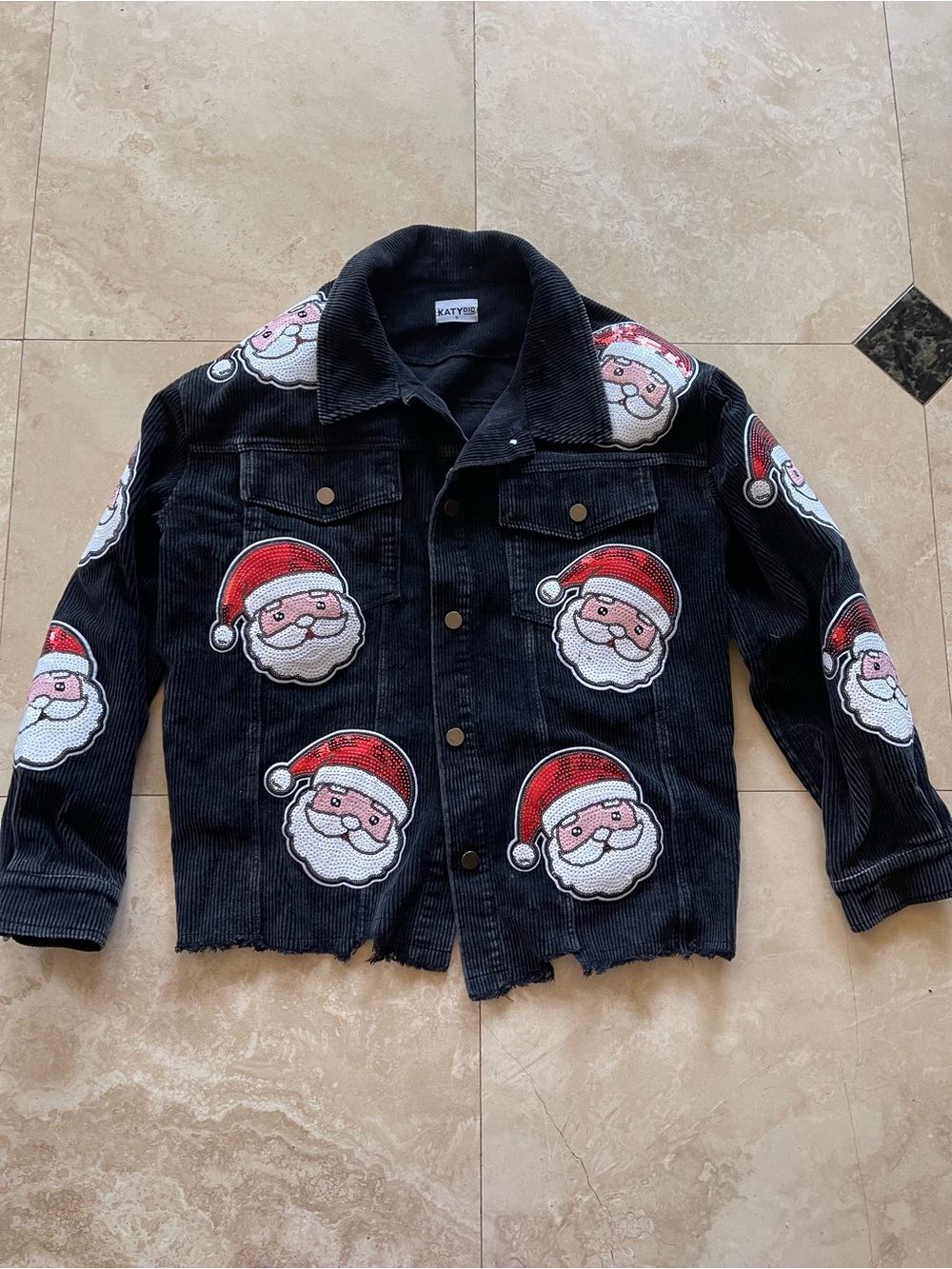Katy's Black Corduroy Jacket Oversized with Red Santa Appliqués
